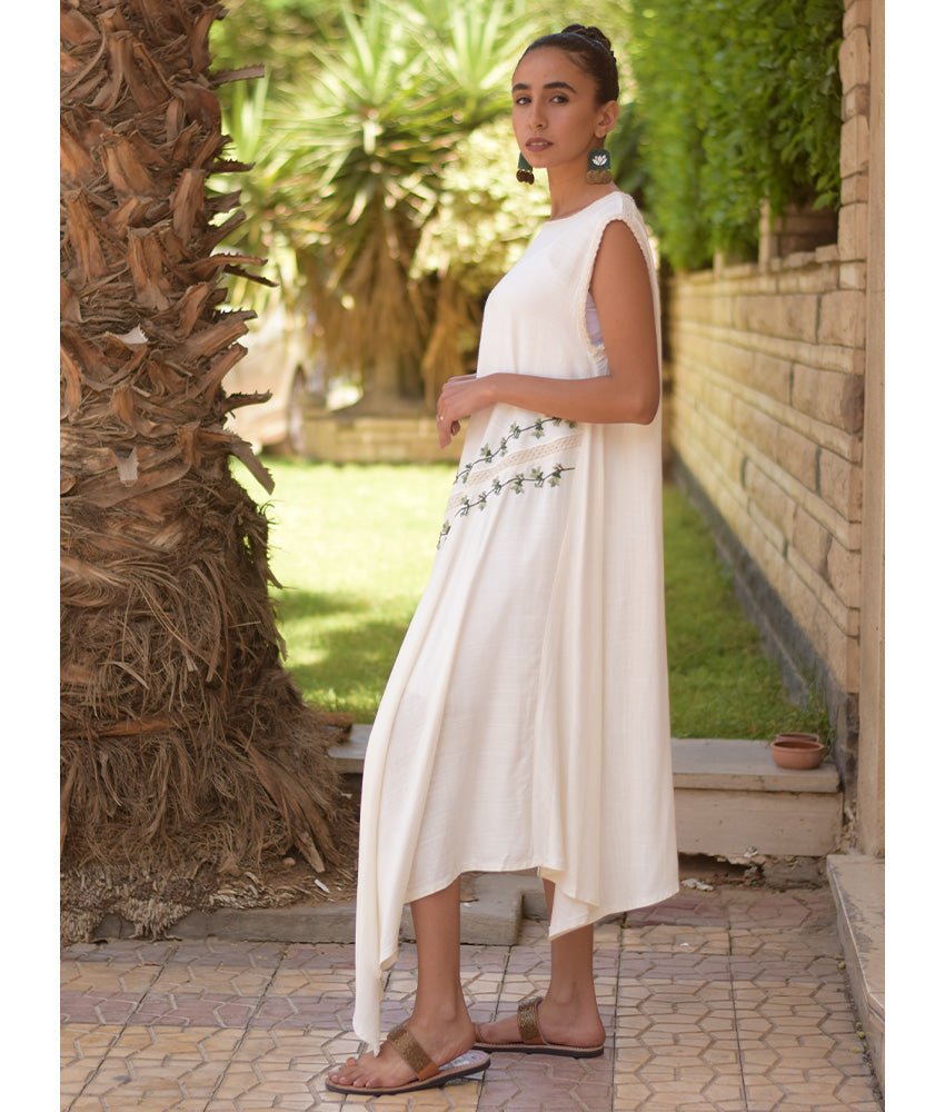 White Linen Dress with Hand Embroideries handmade in Egypt & available in Jozee boutique