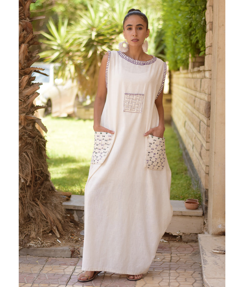 Off White Embroidered Maxi Dress handmade in Egypt & available in Jozee boutique