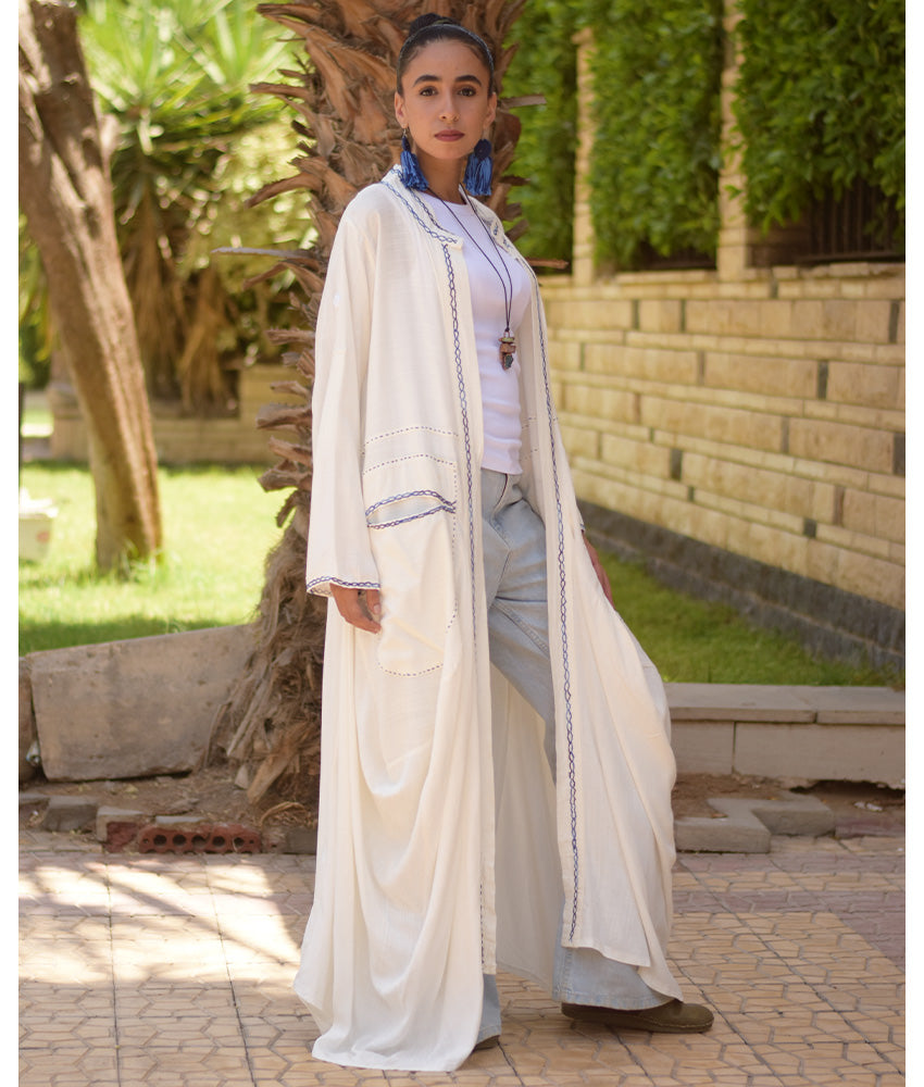 Off White Embroidered Draped Linen Cotton Cardigan handmade in Egypt & available in Jozee boutique