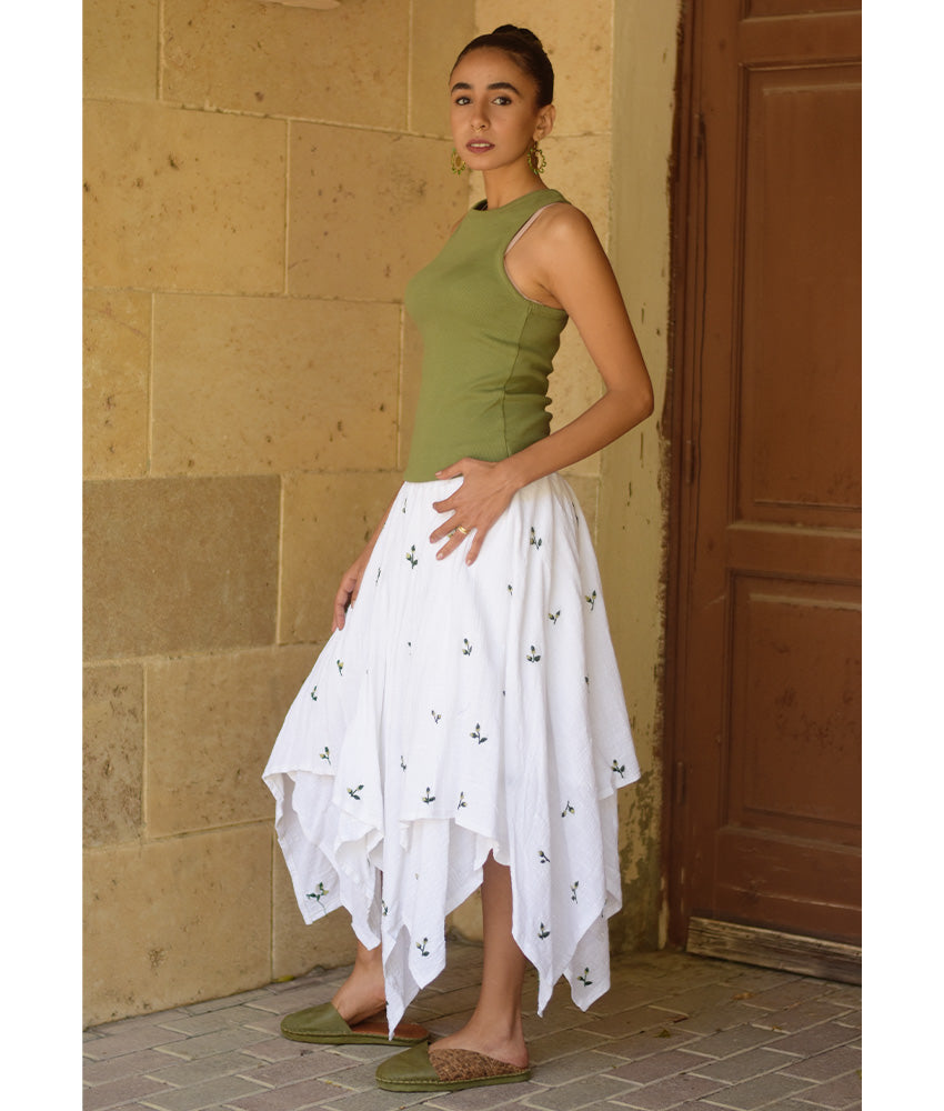 White Embroidered Handkerchief Skirt handmade in Egypt & available in Jozee boutique