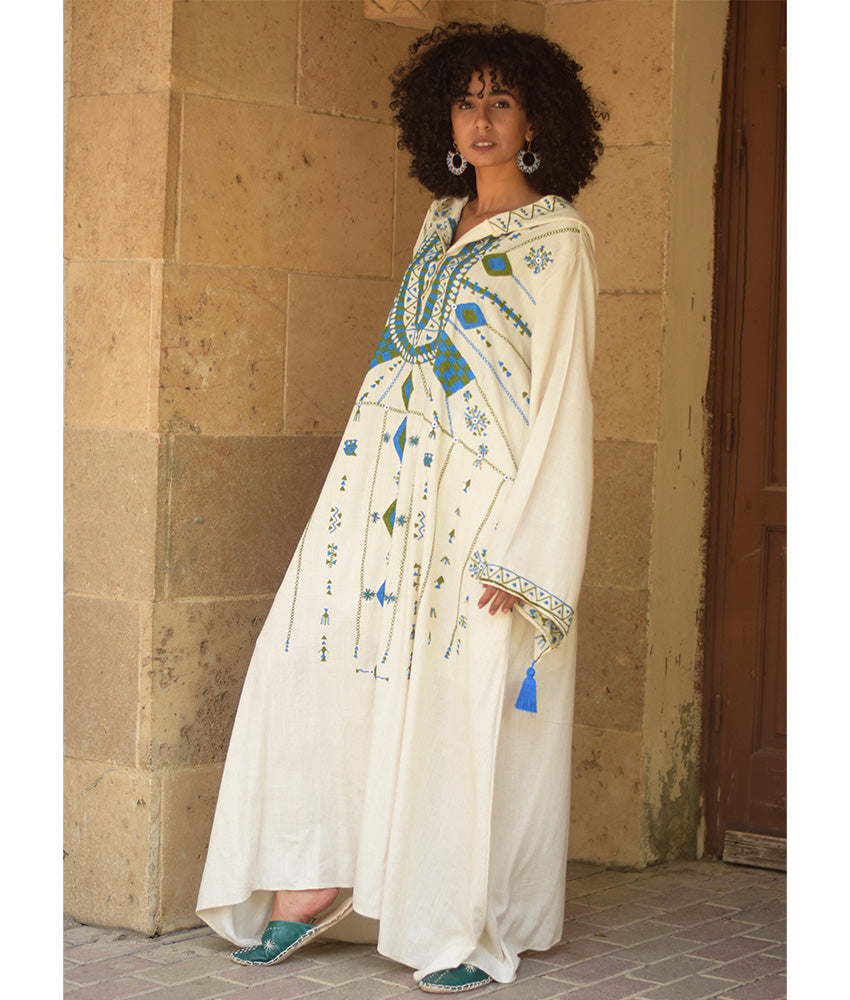 Off white Siwa Embroidered Linen Dress with Hoodie handmade in Egypt & available at Jozee Boutique.
