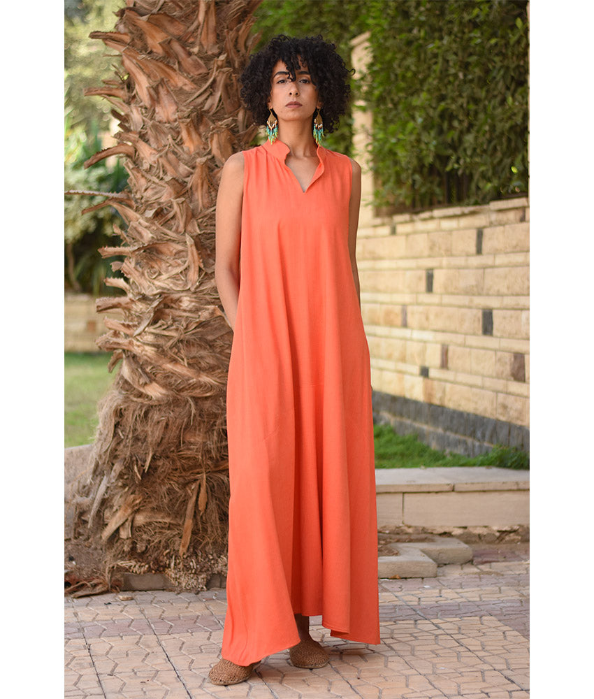 Orange red Linen Japanese Dress made in Egypt & available in Jozee boutique