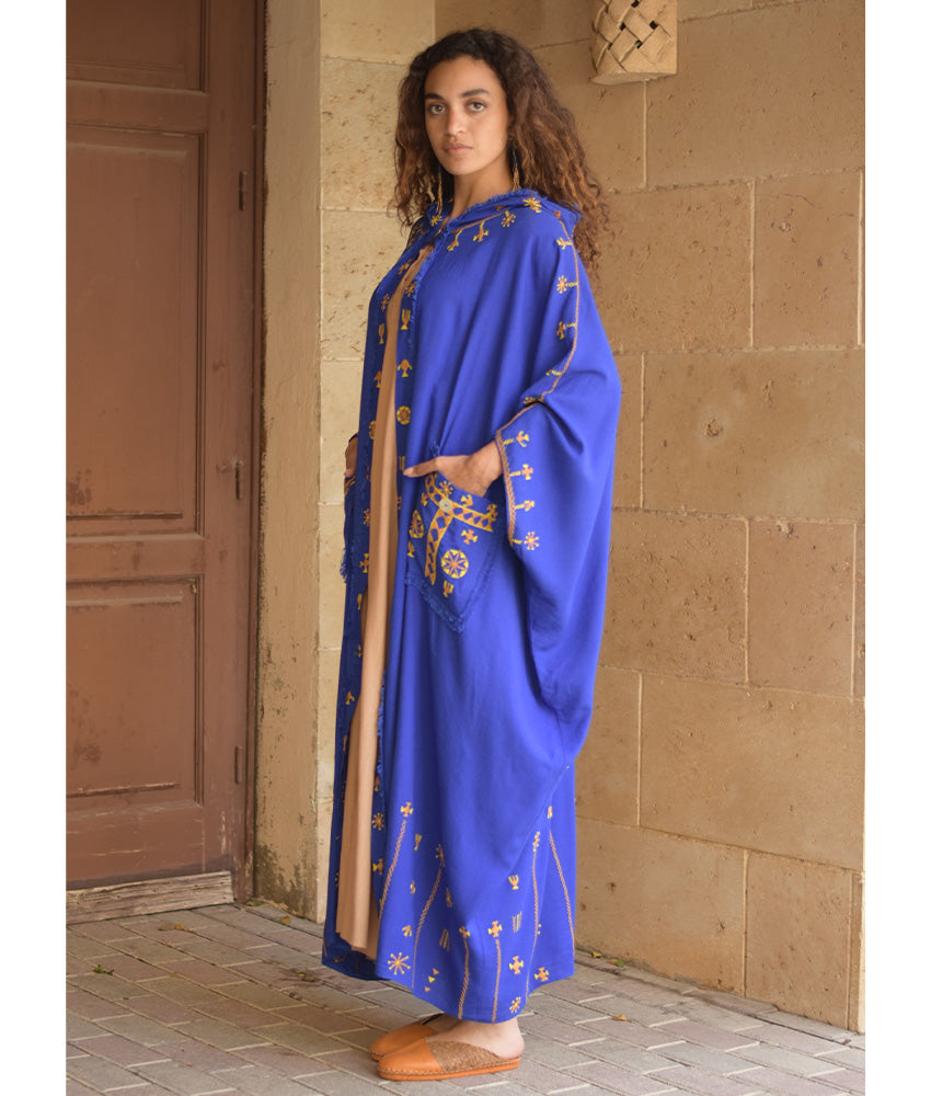 Electric Blue Siwa Embroidered Linen Cardigan/Abaya with Hoodie handmade in Egypt & available at Jozee Boutique.