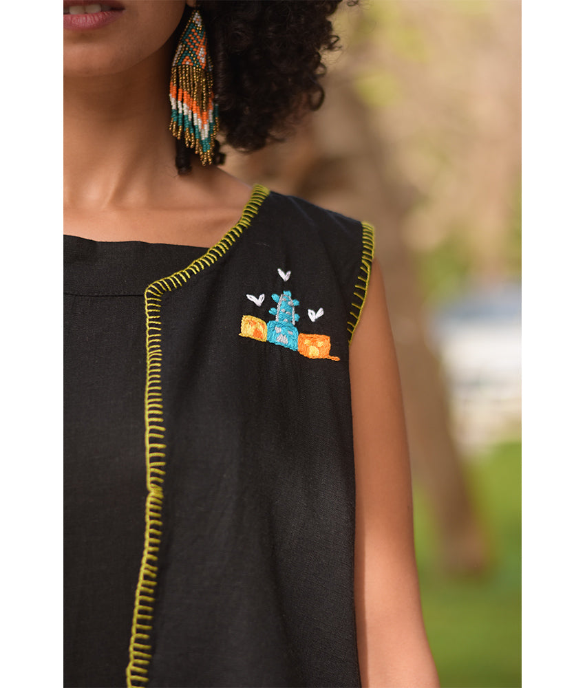 Black Hand Embroideries Linen Vest handmade in Egypt & available at Jozee Boutique.