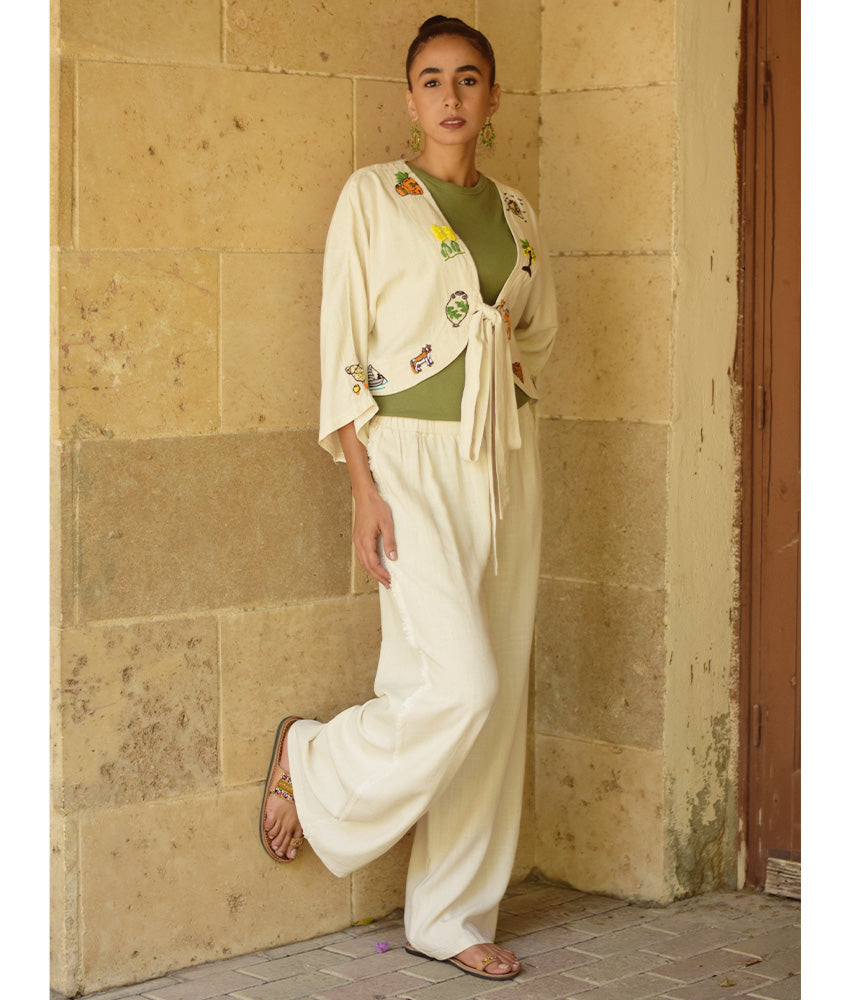 Off White Embroidered Linen Cotton Mix Bolero/Top & Pants Set handmade in Egypt & available in Jozee boutique