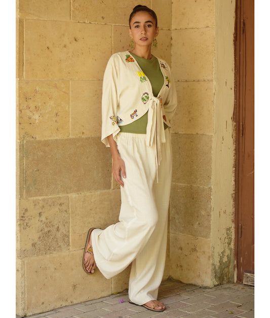 Off White Embroidered Linen Cotton Mix Bolero/Top & Pants Set handmade in Egypt & available in Jozee boutique