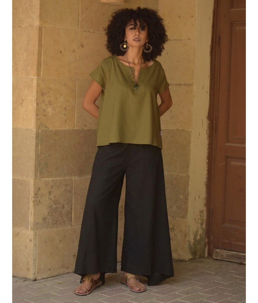 Black Linen Draped Wide-Leg Pants