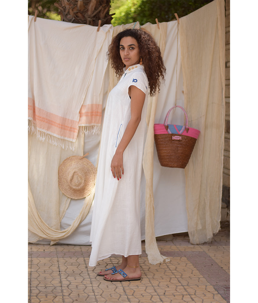 White Linen Dress with Hand Embroideries handmade in Egypt & available at Jozee Boutique.