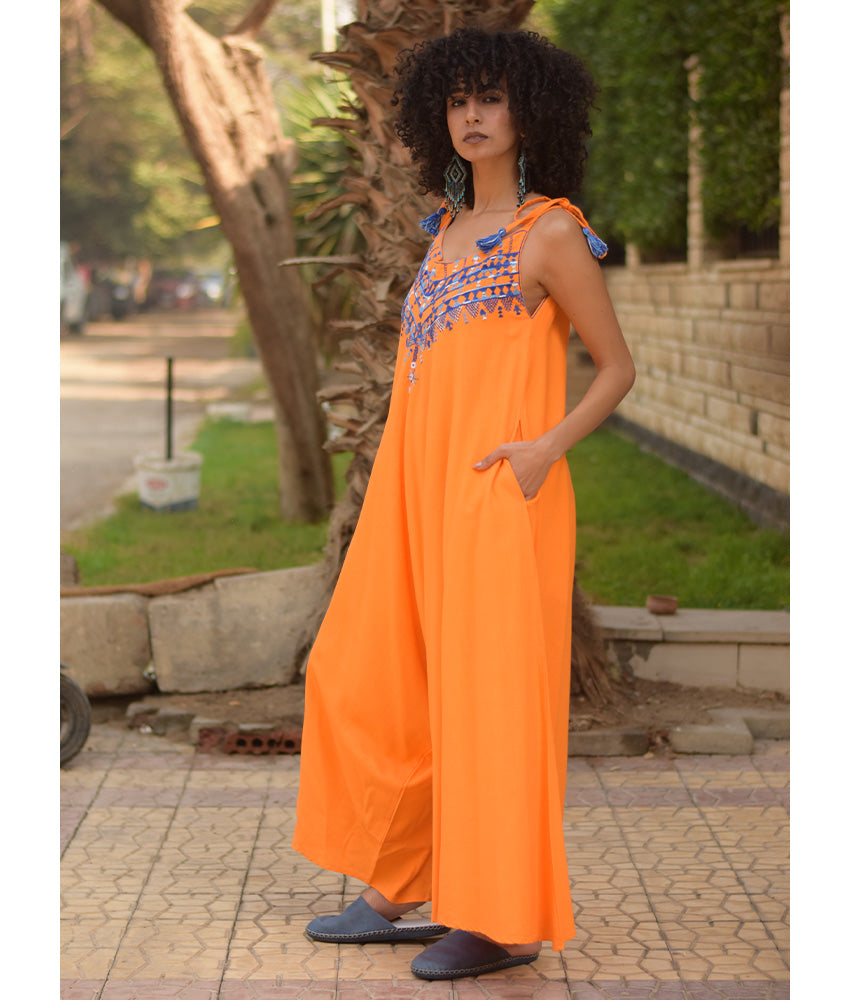 Orange Siwa Embroidered Linen Flowy Jumpsuit/Dress handmade in Egypt & available at Jozee Boutique.