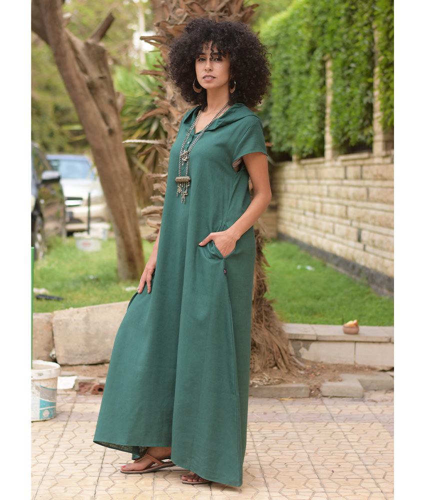 Emerald Green Linen Dress with Hoodie handmade in Egypt & available at Jozee Boutique.