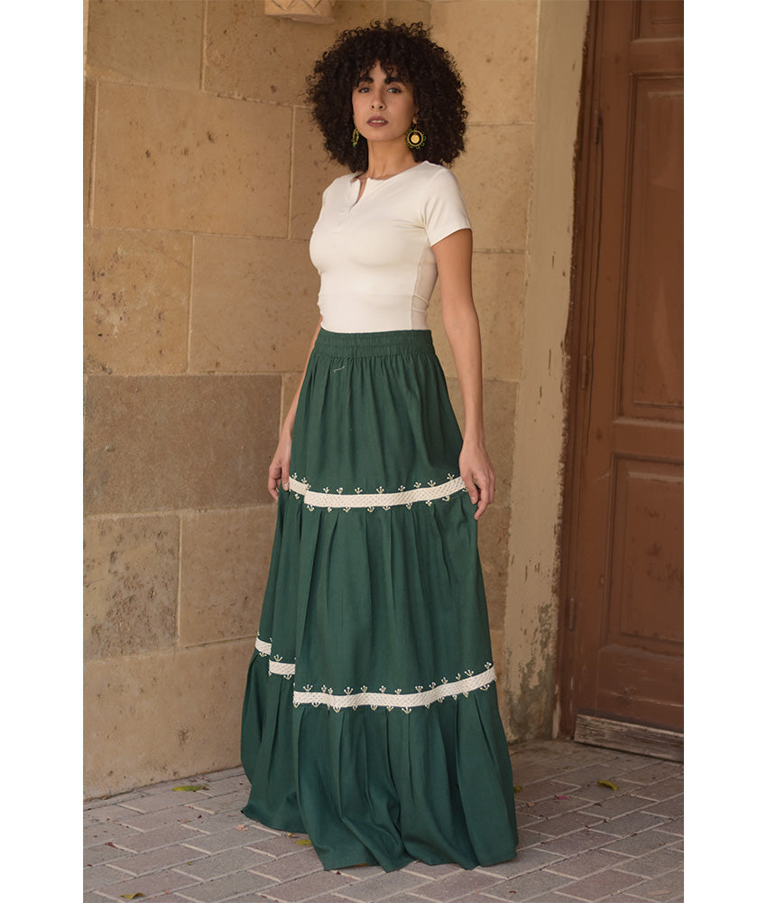 Emerald green Linen Skirt with Hand Embroideries handmade in Egypt & available at Jozee Boutique.