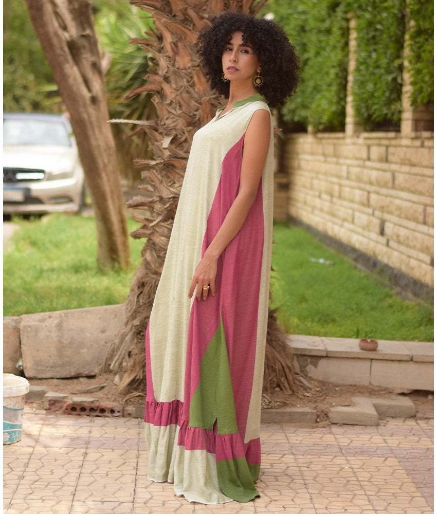 Multicolored Handwoven Ruffle Dress handmade in Egypt & available at Jozee Boutique.