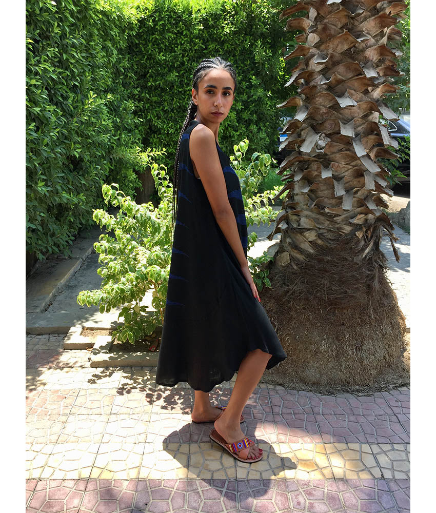 Black & Blue Viscose Midi Sleeveless Dress Handmade in Egypt & available in Jozee boutique
