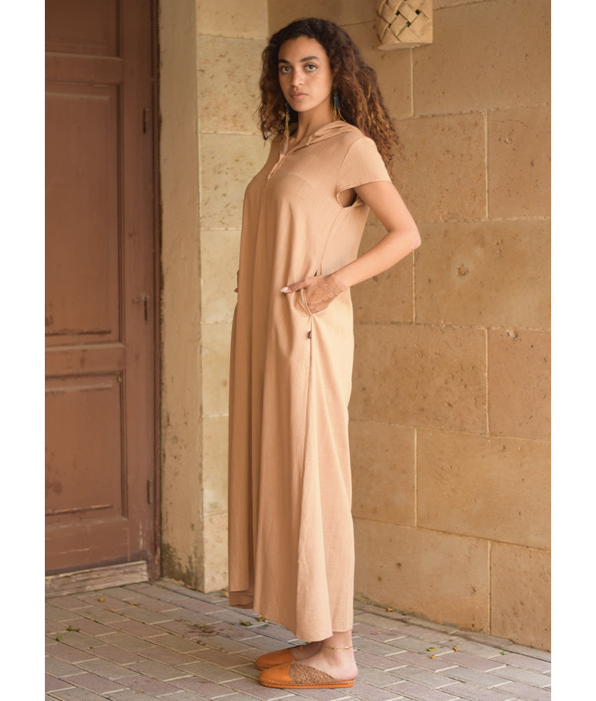 Dark beige Linen Dress with Hoodie handmade in Egypt & available at Jozee Boutique.