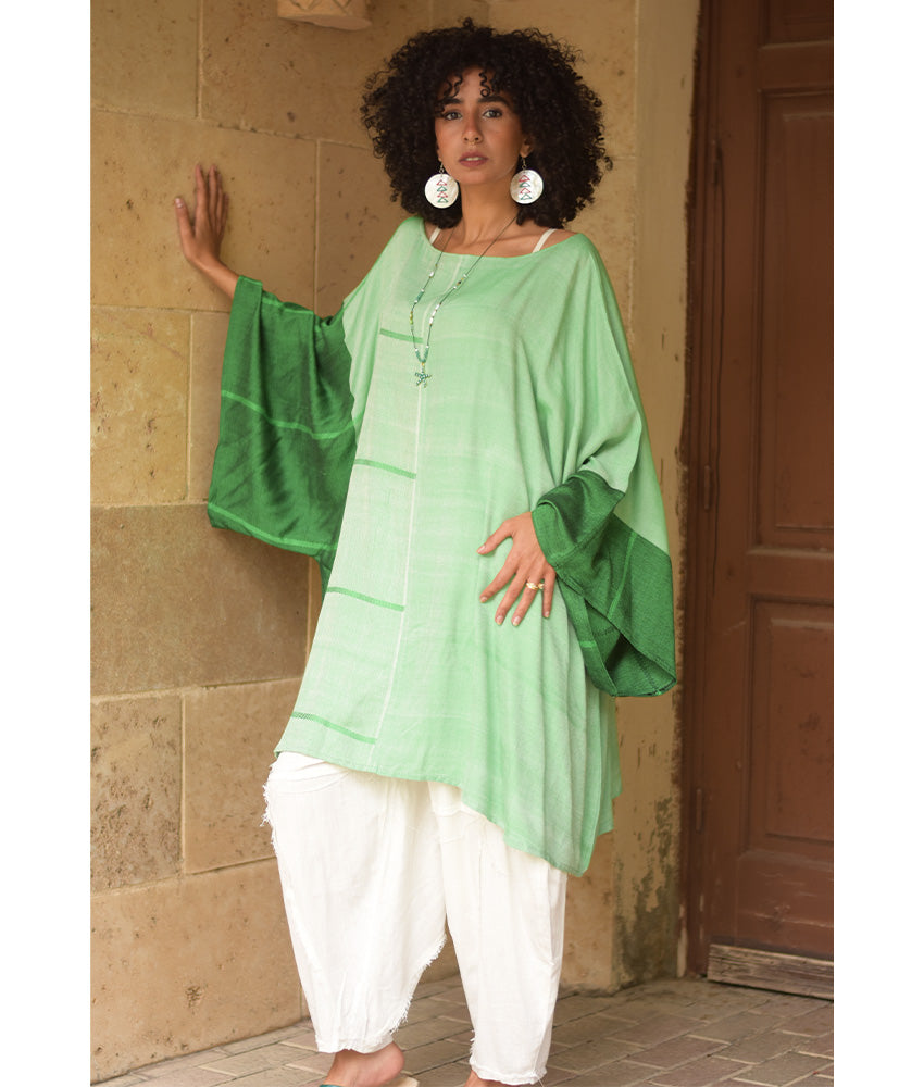 Shades of Green Viscose Midi Dress with Inspired Pattern handmade in Egypt & available at Jozee Boutique.