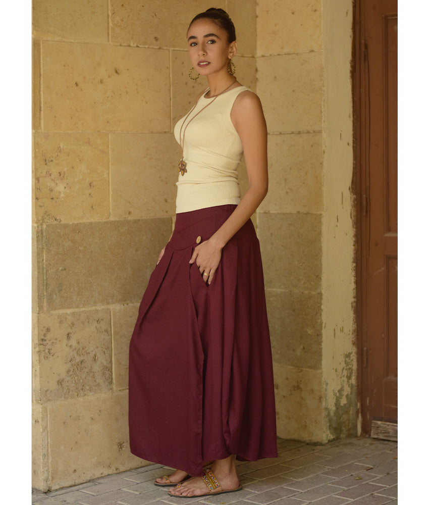 Burgundy Draped Maxi Skirt handmade in Egypt & available in Jozee boutique