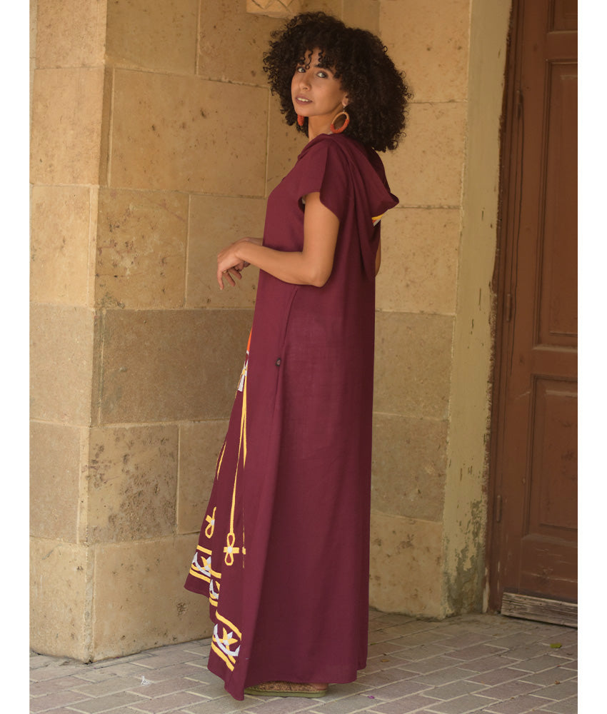 Burgundy Linen Dress with Khyamia Ancient Egyptian Crafts Patchwork handmade in Egypt & available at Jozee Boutique.