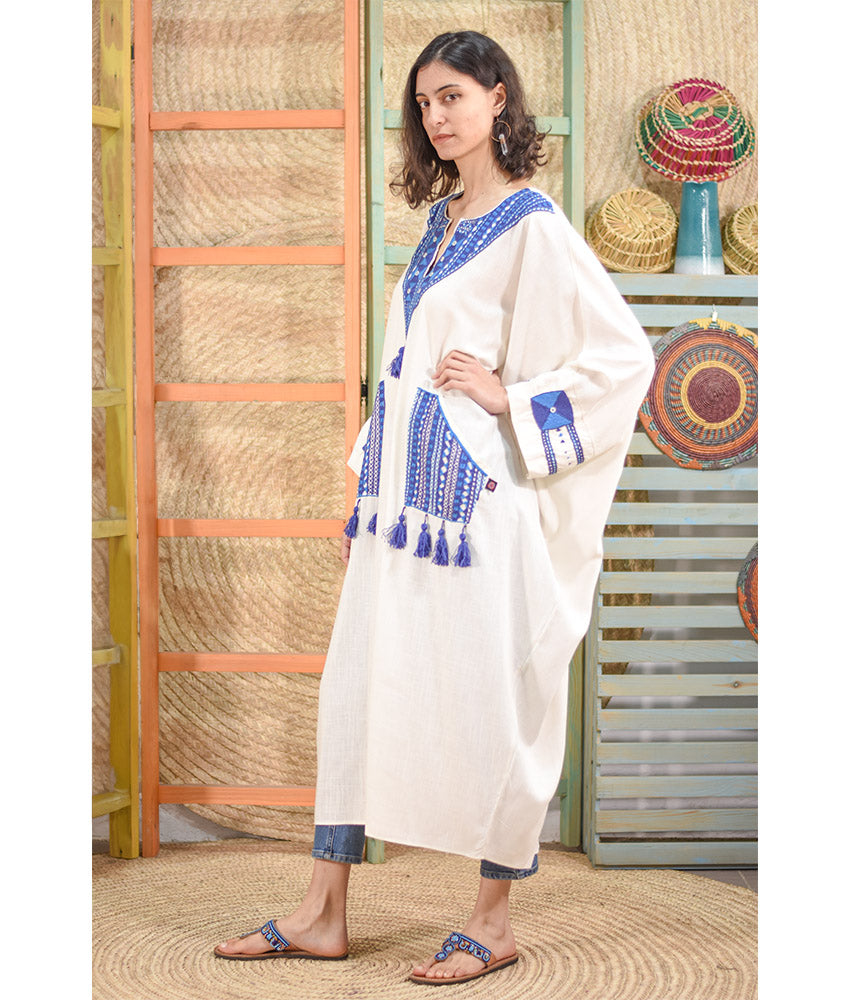 White Siwa Embroidered Linen Kaftan handmade in Egypt & available at Jozee boutique