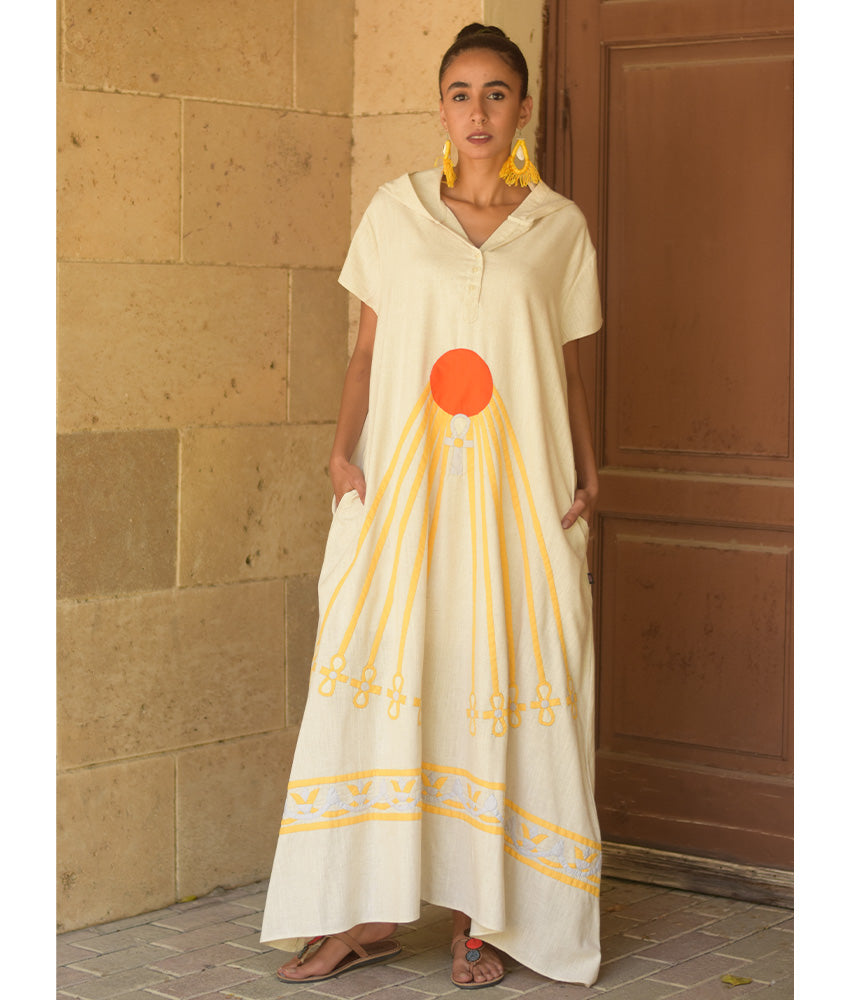Off White Linen Dress with Khyamia Ancient Egyptian Crafts Patchwork handmade in Egypt & available at Jozee Boutique.