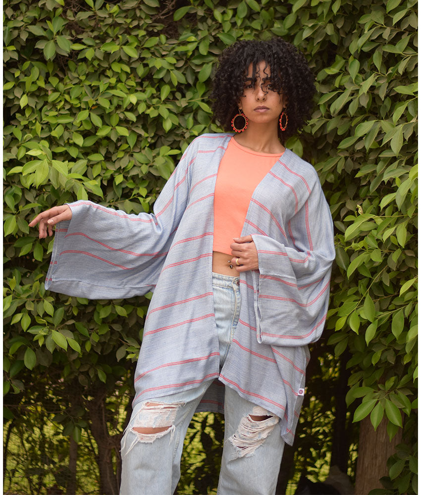 Baby Blue & Red handwoven Egyptian cotton cardigan handmade in Egypt & available at Jozee Boutique.