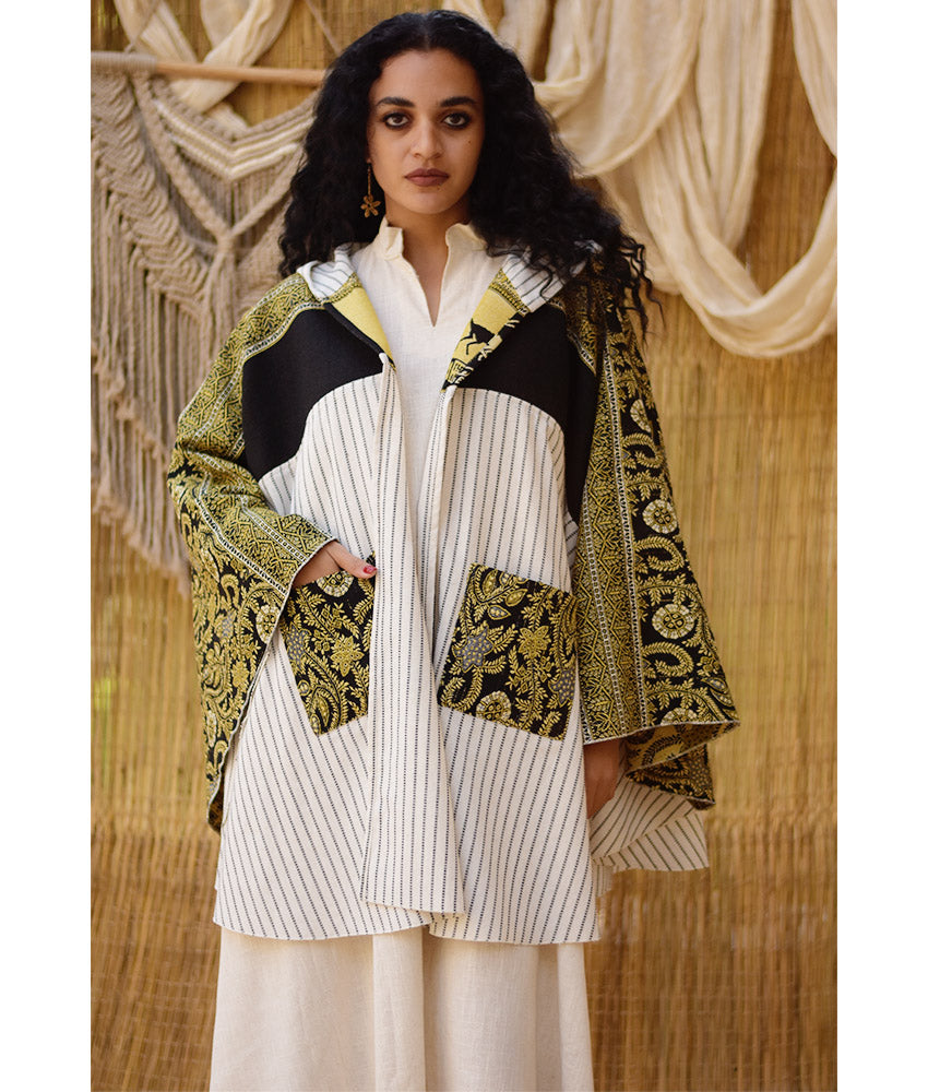 White, Black & Mustard Wool & Heavy Linen Double-Face Heritage Cape