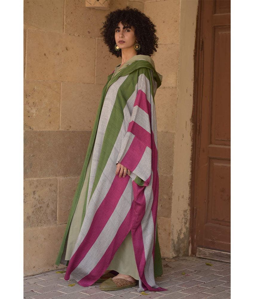 Multicolored Viscose Cardigan with Hoodie handmade in Egypt & available at Jozee Boutique.