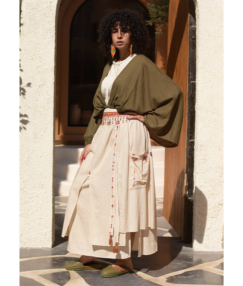 Beige Siwa Embroidered Linen Slices Skirt handmade in Egypt & available in Jozee boutique