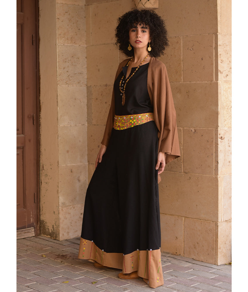 Black Siwa Embroidered Flowy Pants handmade in Egypt & available at Jozee Boutique.