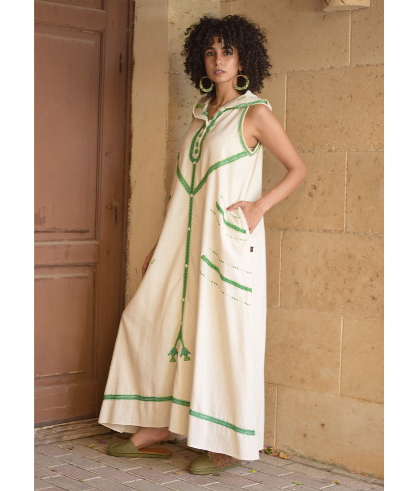 Off white Siwa Embroidered Linen Dress with Hoodie handmade in Egypt & available at Jozee Boutique.