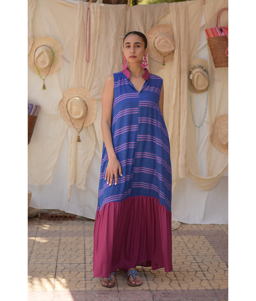 Blue & Fuchsia Handwoven Ruffle Dress handmade in Egypt & available in Jozee boutique