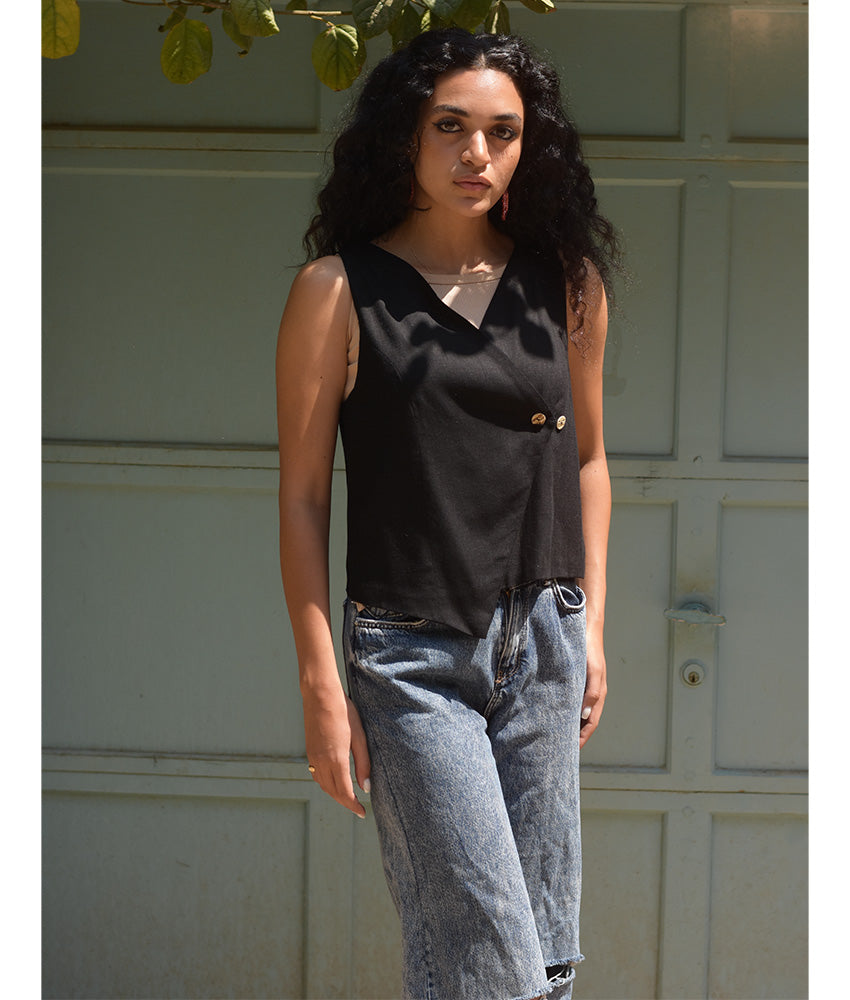 Black El Mahrousa Linen Wrap Vest handmade in Egypt & available at Jozee Boutique.