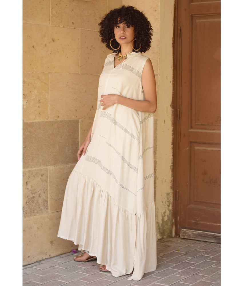Off White Handwoven Ruffle Dress Handmade in Egypt & available at Jozee Boutique