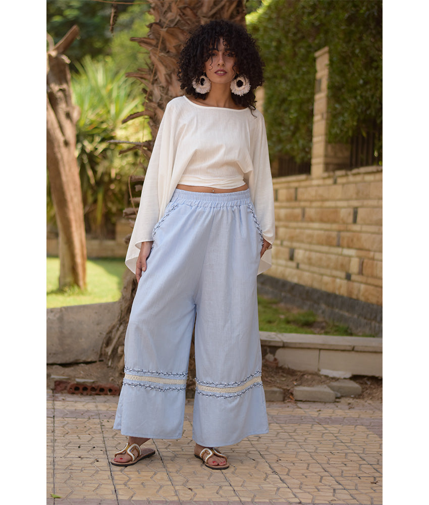 Baby blue Linen Set with Hand Embroideries handmade in Egypt & available at Jozee Boutique.