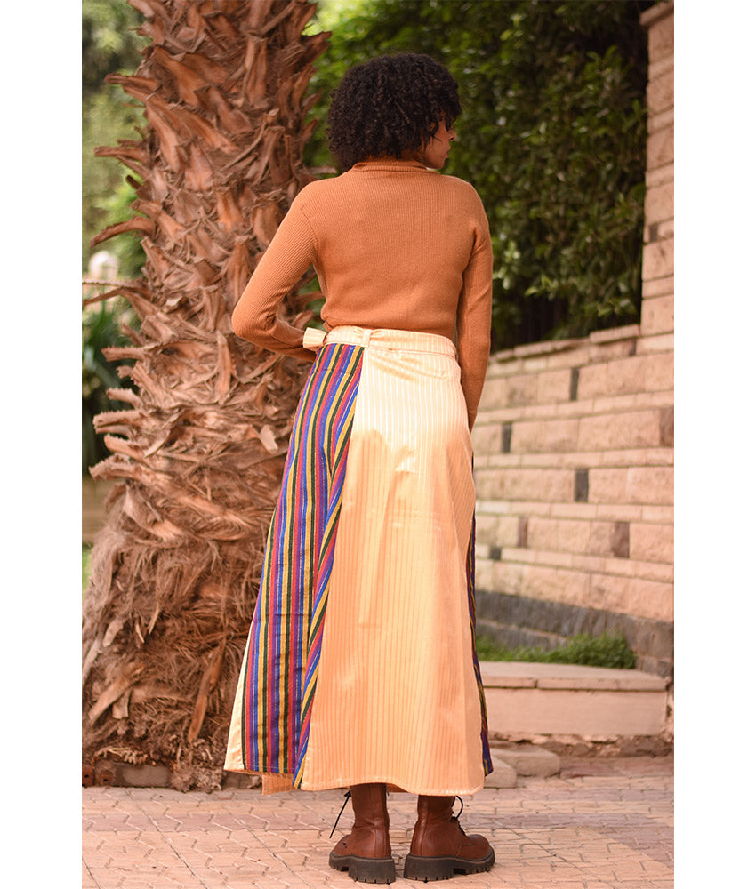 Multicolored & Gold Silk and Cotton Loom Woven Long Wrap Skirt handmade in Egypt & available at Jozee Boutique.