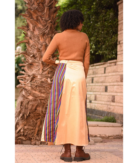 Multicolored & Gold Silk and Cotton Loom Woven Long Wrap Skirt handmade in Egypt & available at Jozee Boutique.