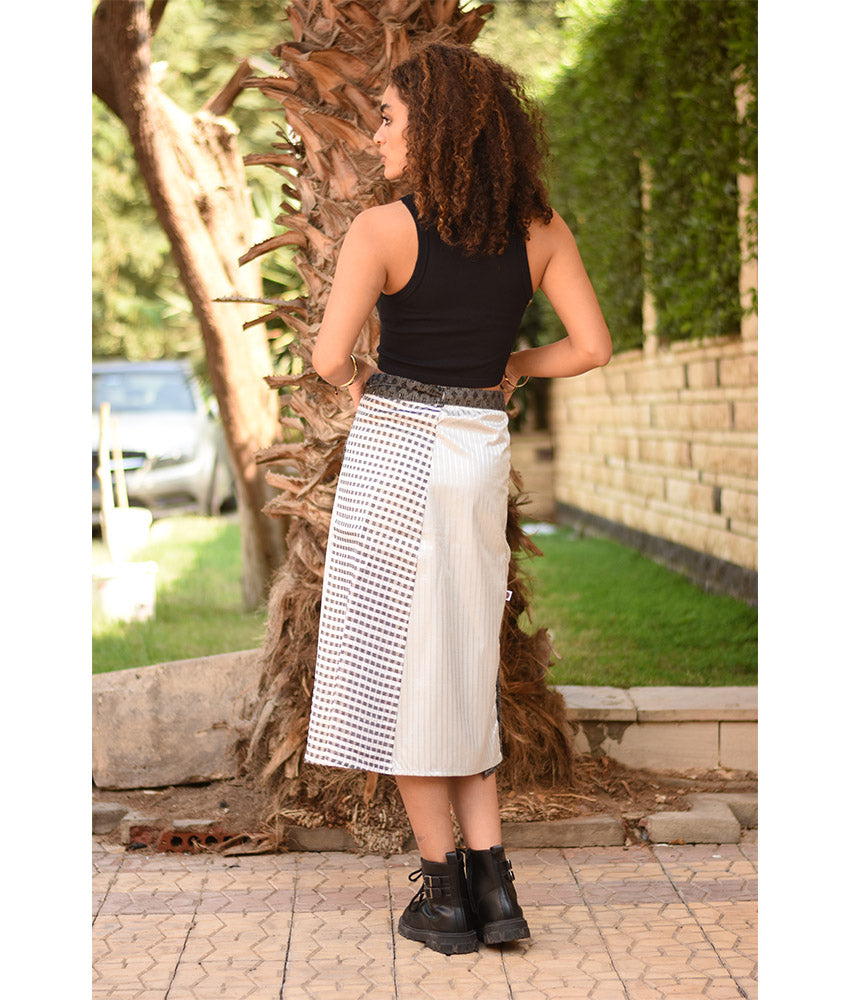 Silver & Shades of Grey Silk and Cotton Loom Woven Midi Wrap Skirt handmade in Egypt & available at Jozee Boutique.