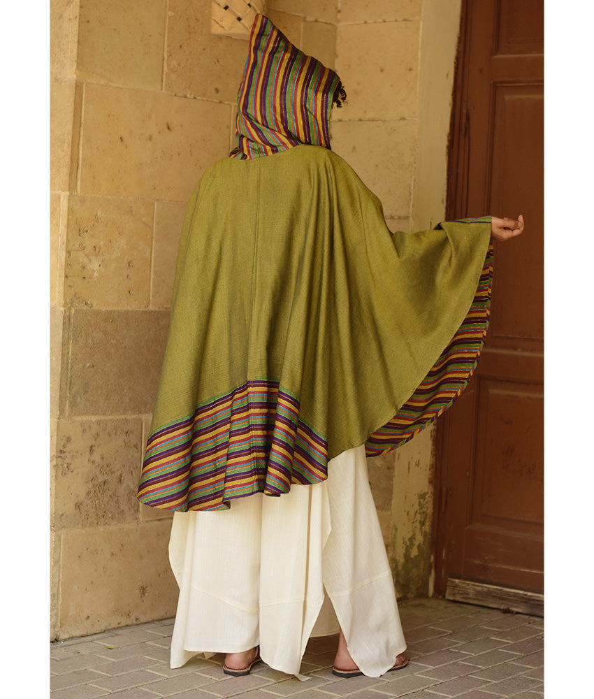 Olive Green & Multicolored Silk & Cotton Hooded Cape