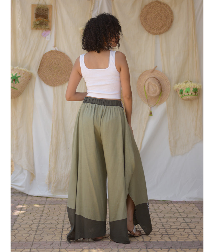 Light Olive Green Siwa Embroidered Flowy Pants handmade in Egypt & available at Jozee Boutique.