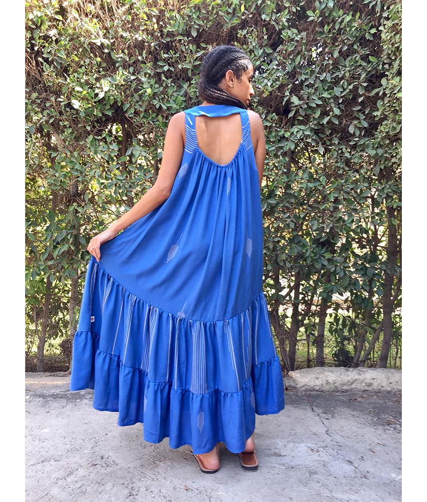Shades of blue Flowy Viscose Dress handmade in Egypt & available in Jozee boutique