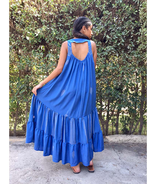 Shades of blue Flowy Viscose Dress handmade in Egypt & available in Jozee boutique