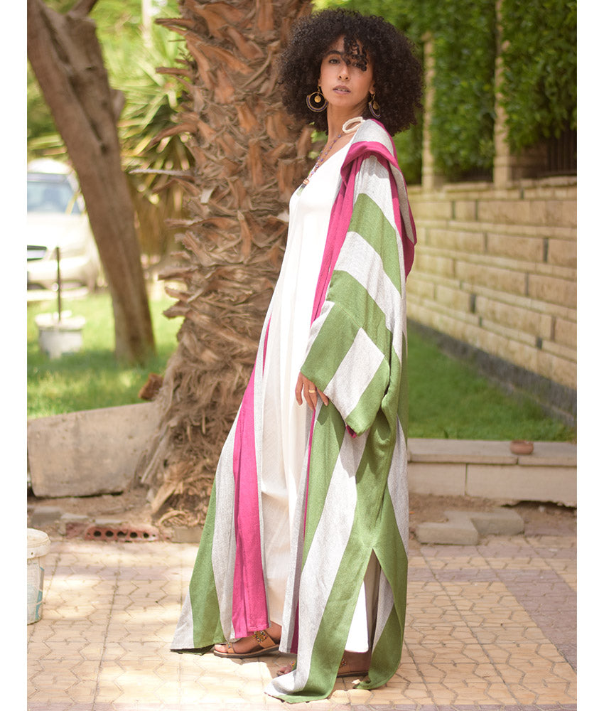 Multicolored Viscose Cardigan with Hoodie handmade in Egypt & available at Jozee Boutique.