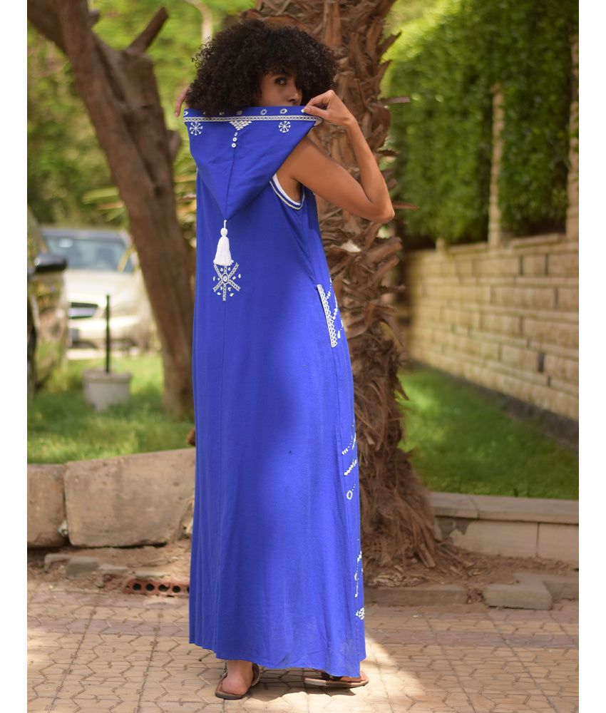 Electric Blue Siwa Heavily Embroidered Linen Dress with Hoodie handmade in Egypt & available at Jozee Boutique.