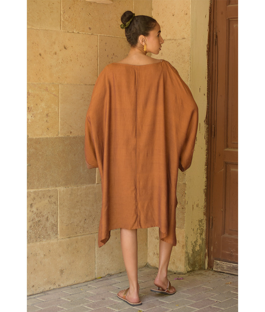 Caramel Brown Viscose Midi Dress with Inspired Pattern handmade in Egypt & available at Jozee Boutique.