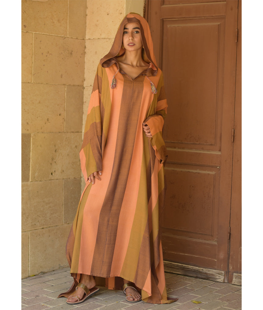 Peach & Brown Stripped Viscose Kaftan with Hoodie handmade in Egypt & available at Jozee Boutique.