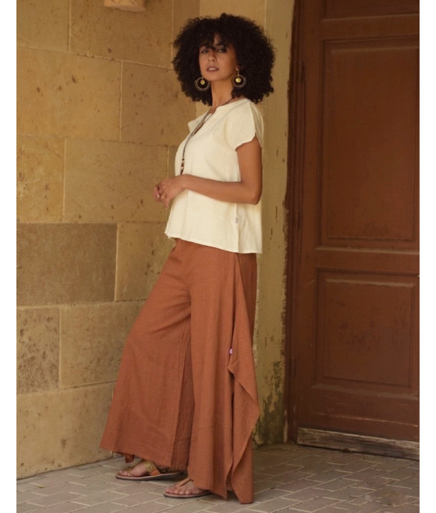 Cinnamon Brown Linen Draped Wide-Leg Pants handmade in Egypt & available in Jozee boutique