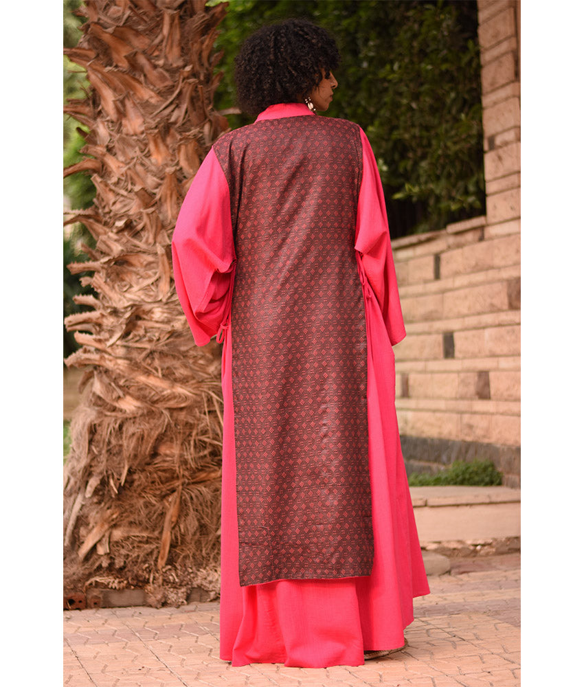 Fuchsia & Brownish Silk & Cotton Loom Woven Long Sleeve Tunic handmade in Egypt & available at Jozee Boutique.