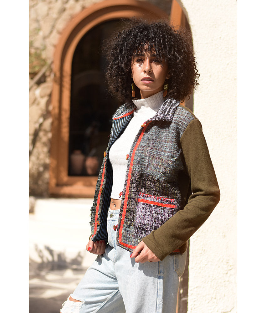 Multicolored & Dark Green Cropped Akhmim Loomwoven Jacket handmade in Egypt & available at Jozee Boutique.handmade in Egypt & available at Jozee Boutique.