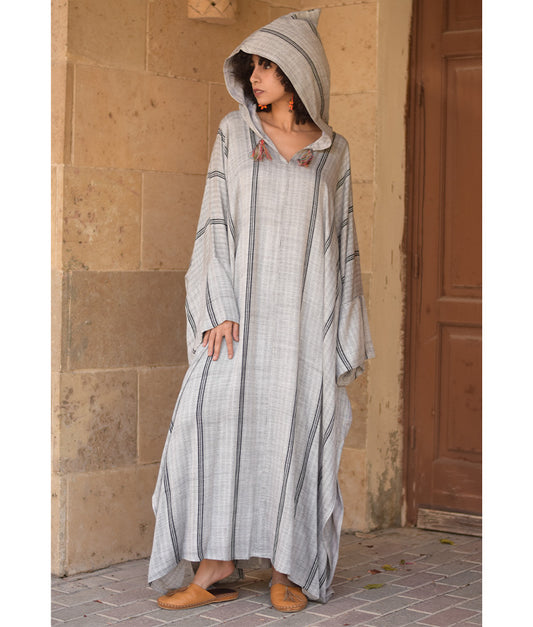 Grey Stripped Viscose Kaftan with Hoodie handmade in Egypt & available at Jozee Boutique.