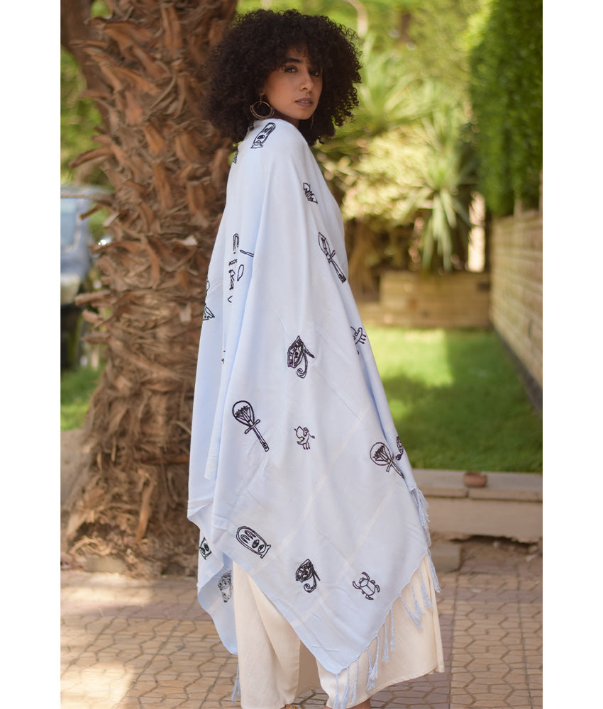 White Viscose Shawl with Egyptian-Inspired Embroideries handmade in Egypt & available at Jozee boutique