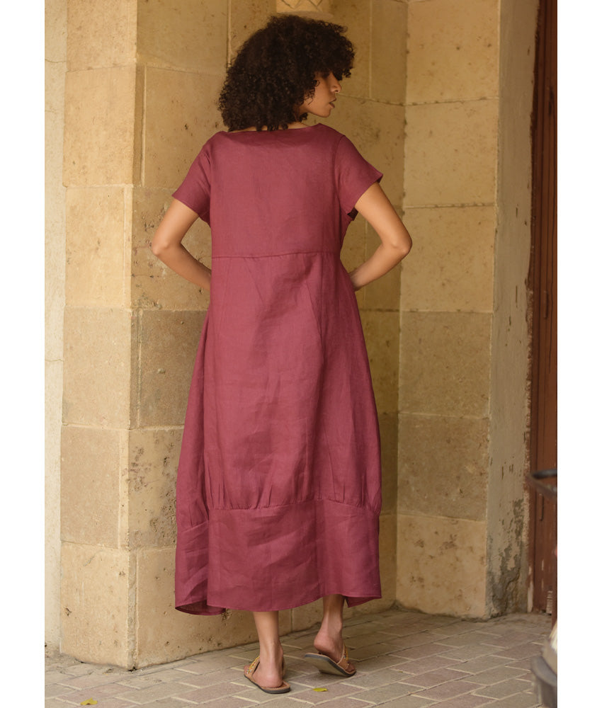 Burgundy Raw Linen Balloon Dress handmade in Egypt & available at Jozee boutique